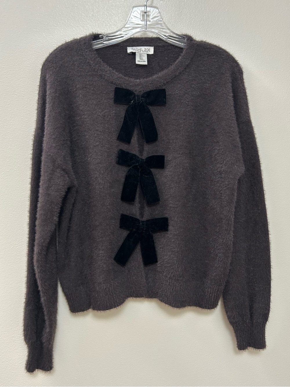 Rachel Zoe Chocolate Brown Fuzzy Crewneck Sweater with Black Velvet Bows Size-S